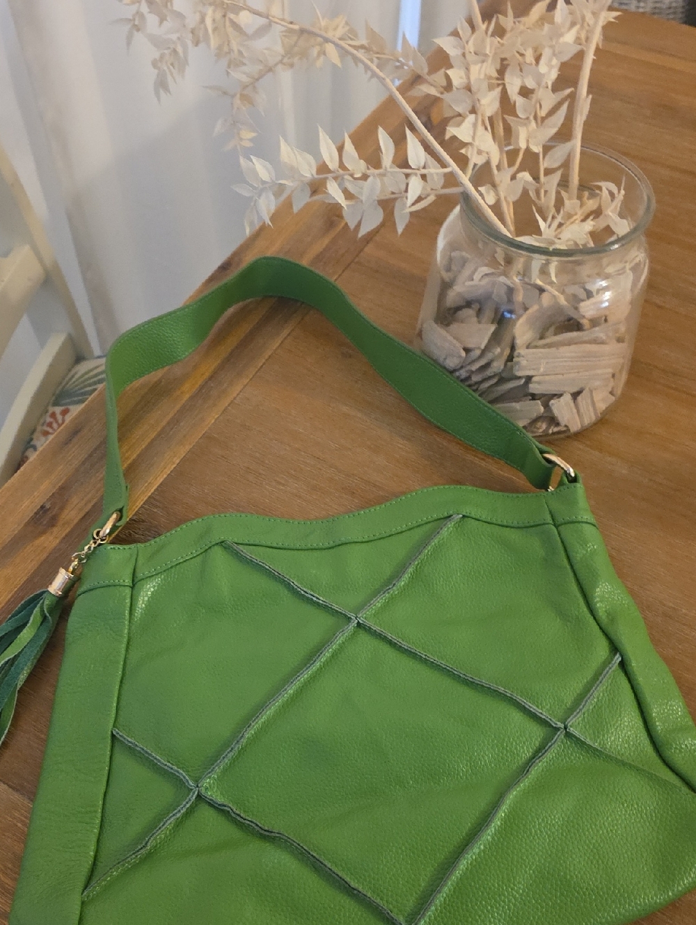 Nyla NOOR Green Leather Shoulder Bag with Diamond Stitch Accents